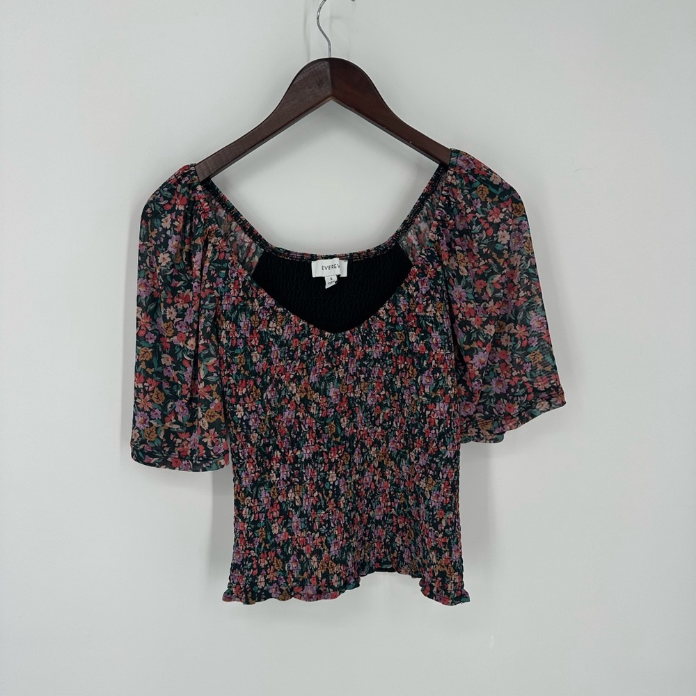 Evereve Anika Floral Smocked Blouse Sheer Sleeves Black Pink Red Size Small